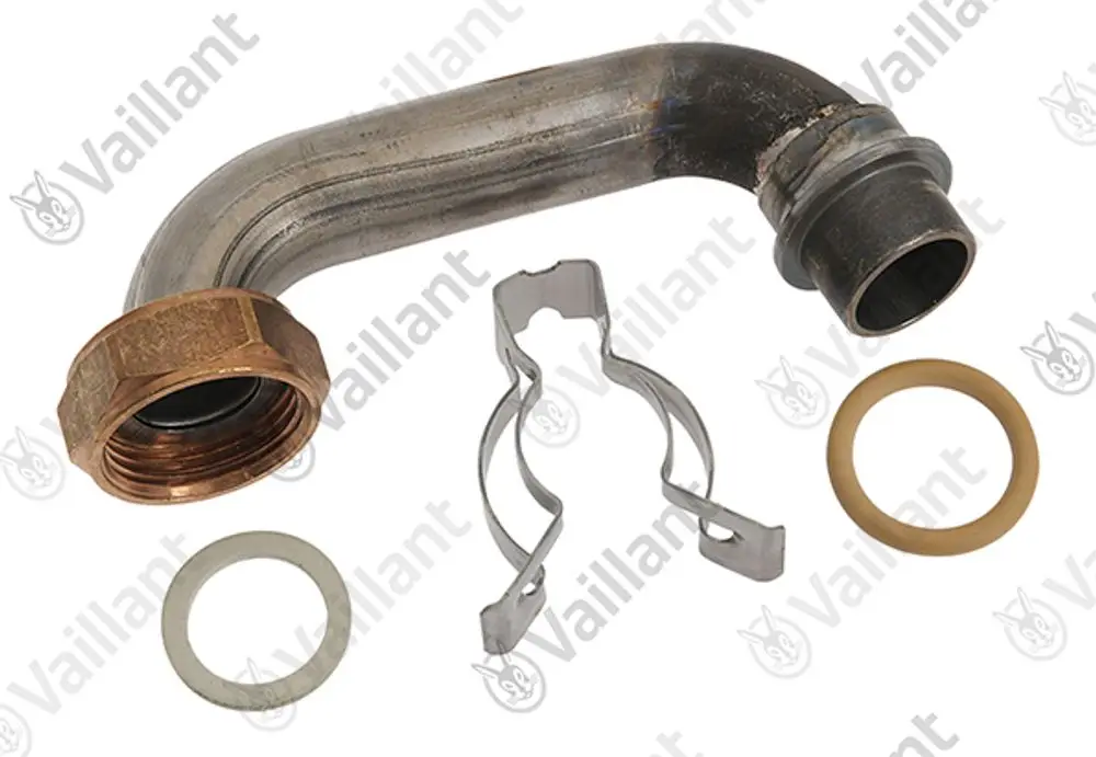 Vaillant Gasrohr mit gebogenem Ende, einer Kupplung, einer Dichtung sowie einem Halter aus Metall, zur Verwendung in Gasarmaturen.